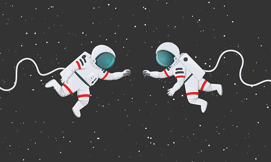 Vector illustration. Two astronauts reaching to each other in space. Romantic scene, connection, Dark space with stars in the background.