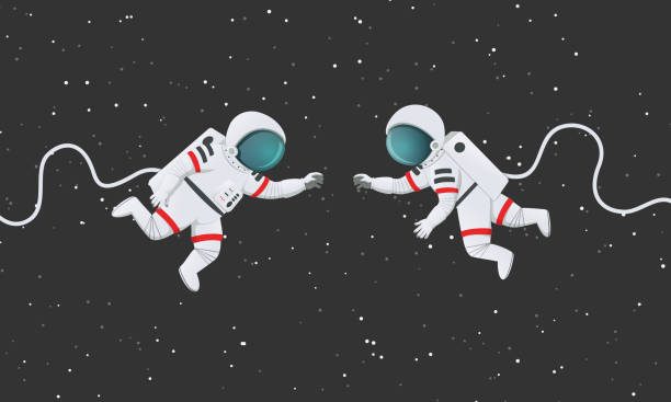 Vector illustration. Two astronauts reaching to each other in space. Romantic scene, connection, Dark space with stars in the background. Vector illustration. Two astronauts reaching to each other in space. Romantic scene, connection, Dark space with stars in the background. astronaut stock illustrations