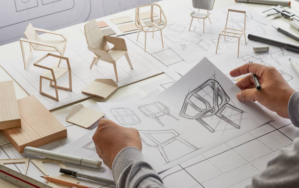 istock Designer sketching drawing design development product plan draft chair armchair Wingback Interior furniture prototype manufacturing production. designer studio concept . 1371726877