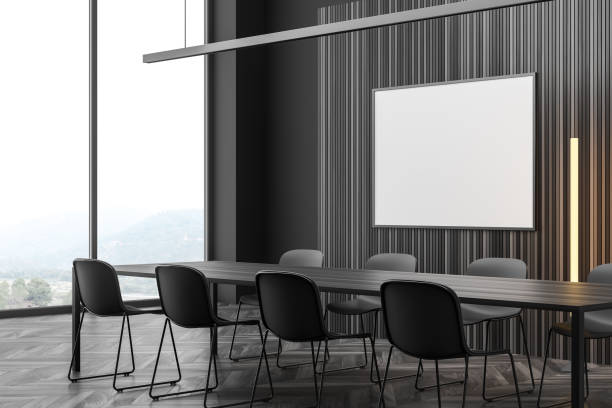istock Corner view of modern dark grey meeting room 1371726893