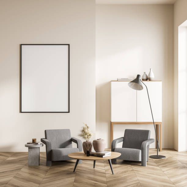 istock Bright living room interior with empty white poster, grey armchairs 1371727923