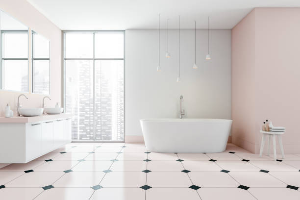 istock Light bathroom interior with bathtub, sinks with mirror and panoramic windows 1371728127