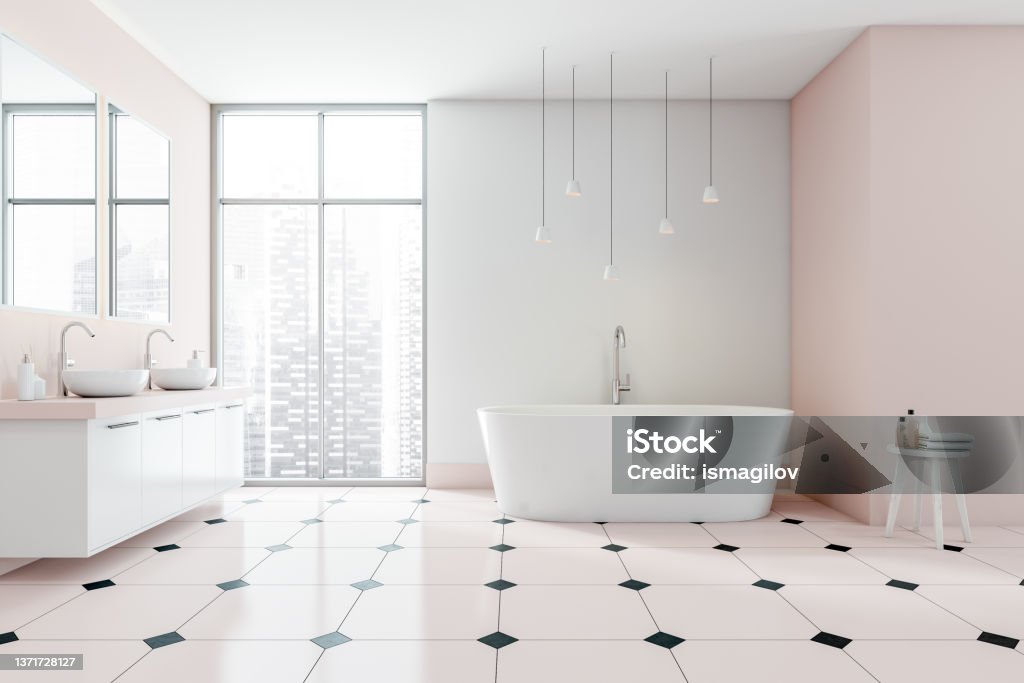 Light bathroom interior with bathtub, sinks with mirror and panoramic windows White and pink bathroom interior, tub with table and accessories, two sinks with mirror and gels on deck. Modern bathing room with tiled floor and panoramic windows with city view, 3D rendering Architecture Stock Photo