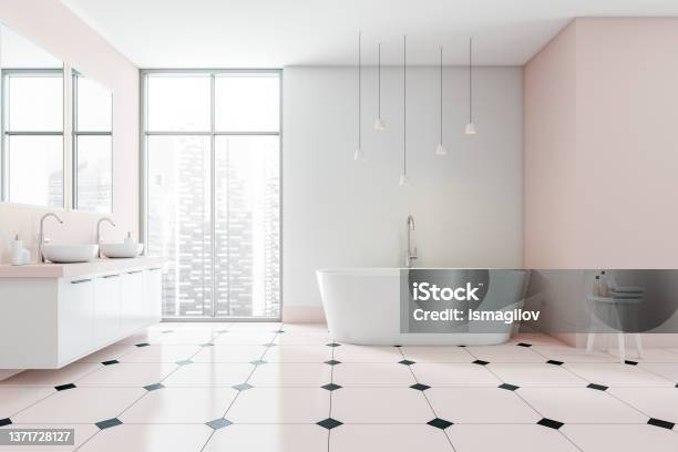 Light Bathroom Interior With Bathtub Sinks With Mirror And Panoramic Windows Stock Photo - Download Image Now