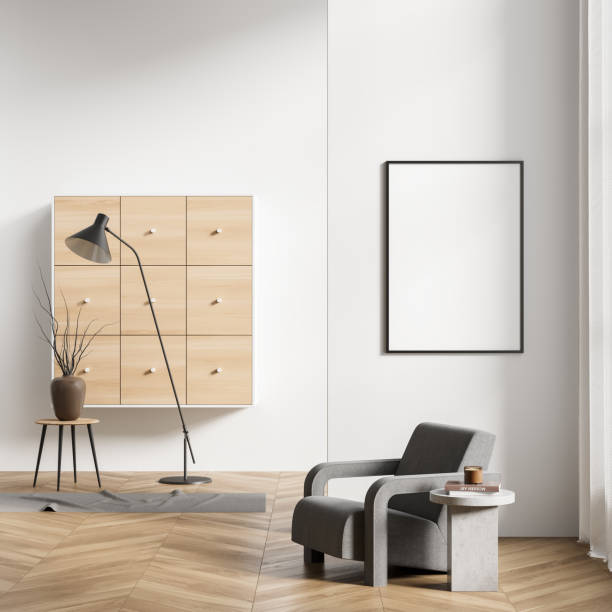 istock Bright living room interior with empty white poster, grey armchair 1371728212