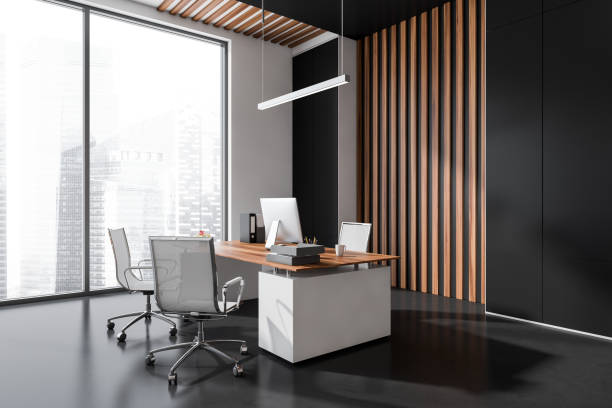 istock Corner view of elegant dark grey office 1371728506