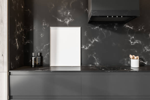 istock Close up view on dark kitchen room interior with poster 1371728699