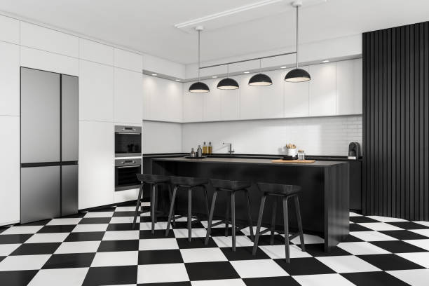 istock Industrial white and black kitchen with breakfast bar 1371728839