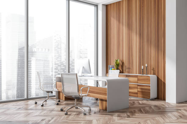 istock Stylish office with top manager workspace area and panoramic window. Corner view 1371730736