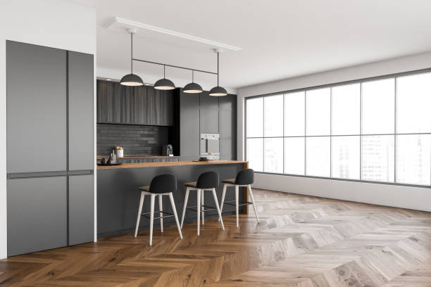 istock Dark kitchen set interior with table and three seats, shelves and window 1371730766