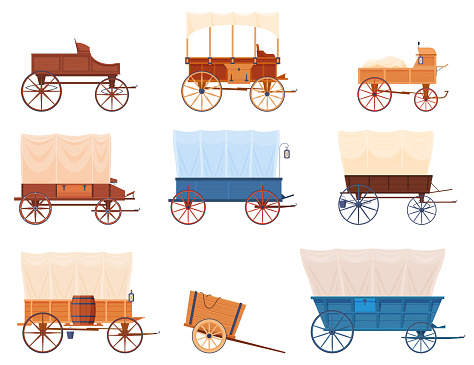 Carriages Wild West style set vector flat illustration. Collection wagons for passengers and cargo transportation isolated. Traditional vintage transport for harness horses. Retro rustic waggon tent