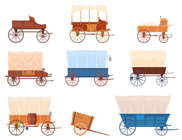 Carriages Wild West style set vector flat illustration. Collection wagons for passengers and cargo Carriages Wild West style set vector flat illustration. Collection wagons for passengers and cargo transportation isolated. Traditional vintage transport for harness horses. Retro rustic waggon tent covered wagon stock illustrations