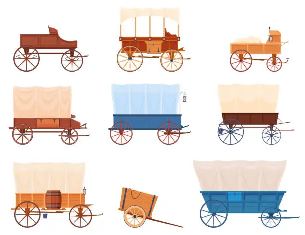 Vector illustration of Carriages Wild West style set vector flat illustration. Collection wagons for passengers and cargo