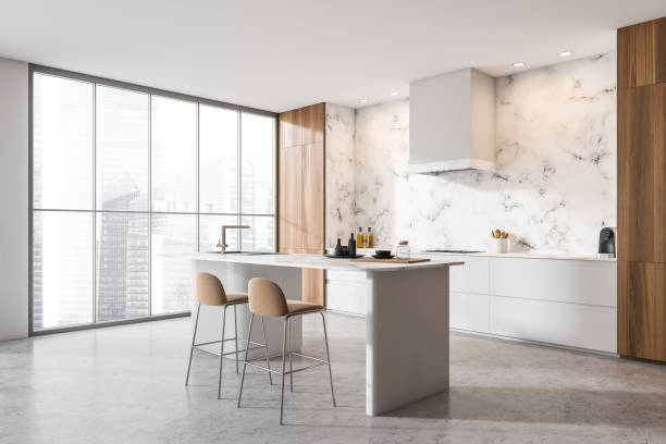 istock Bright kitchen room interior with bar counter, barstool, coffee machine 1371730817