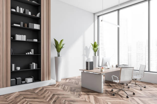 istock Light business room interior with armchairs, pc and window. Mockup 1371730986