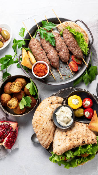 istock Lebanese food assortment on light background. 1371731022