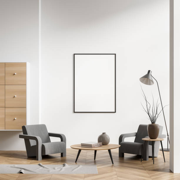 istock Bright living room interior with empty white poster 1371731030