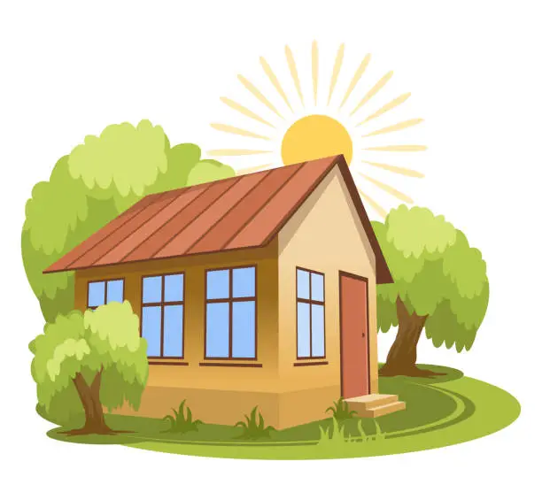 Vector illustration of Summer landscape. House surrounded by trees