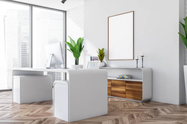 istock Manager room interior with desk and computer, window and mockup poster 1371731183
