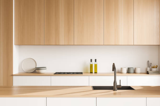 istock Close up view on bright kitchen interior with sink 1371731470