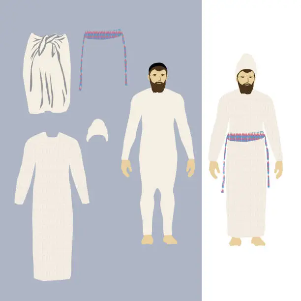 Vector illustration of Vector drawing of the lay priest. An Israeli Jew in authentic traditional priestly clothing: bonnet, trousers, plaid shirt, sash. Shearing and dressing game. of work in the Temple in Jerusalem