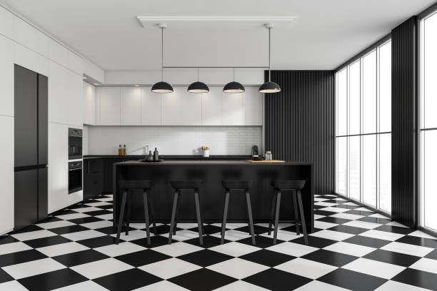 istock Industrial kitchen with chequered floor tiles 1371732215