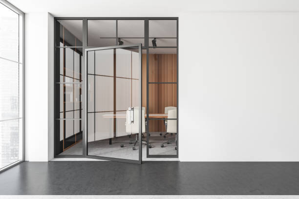 istock Bright office room interior with empty white wall, meeting board 1371732239