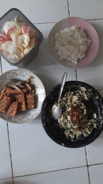 some typical food from Indonesia, salted fish, tempeh and karedok