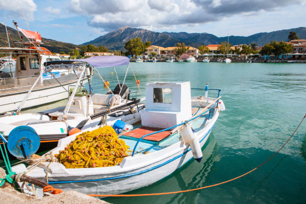 fish boats in vasiliki harbor lefkada island greece summertime