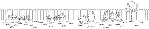 задний двор сад графический черно-белый длинный пейзаж эскиз иллюстрация вектор - fence line stock illustrations