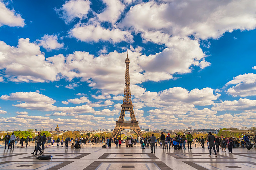 Paris, France - April 4, 2019: Paris France city skyline at Eiffel Tower and Trocadero Gardens