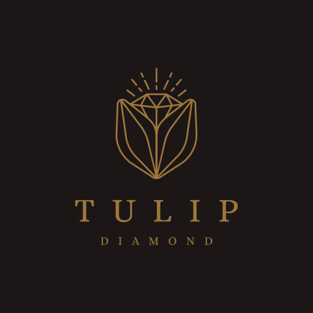 우아한 미니멀한 리니스트 리나트 튤립 플라워와 다이아몬드 로고 아이콘 vcetor 어두운 배경 - lady tulip stock illustrations