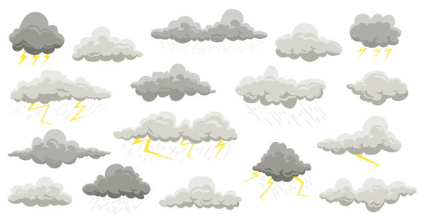 regenwolken. sommer- und herbstregen mit gewitterwolkenelementen. vektor flacher regensturm und blitz gesetzt - thunderstorm stock-grafiken, -clipart, -cartoons und -symbole