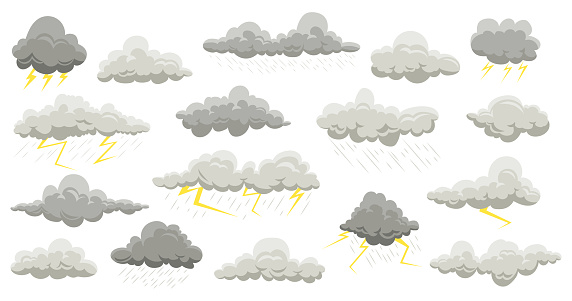 Rain clouds. summer and autumn rain with thunder cloud elements. Vector flat rainstorm and lightning set isolated puffy clouds on white background
