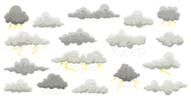 Rain clouds. summer and autumn rain with thunder cloud elements. Vector flat rainstorm and lightning set Rain clouds. summer and autumn rain with thunder cloud elements. Vector flat rainstorm and lightning set isolated puffy clouds on white background rain stock illustrations