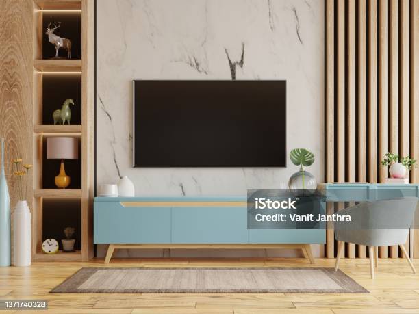 Home Interior With Armchair And Tv Cabinet On Empty Marble Wall Background  Stock Photo - Download Image Now - iStock
