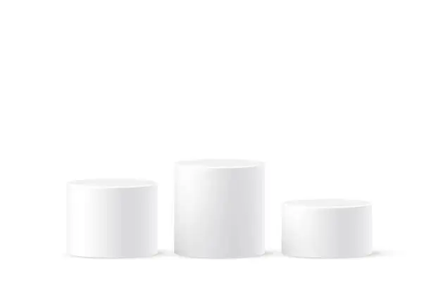 Vector illustration of 3d podium platform cylinders, white pedestal stages for product presentation or winner