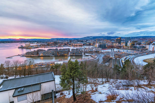 istock Oslo Norway, sunset city skyline at business district and Barcode Project 1371743690