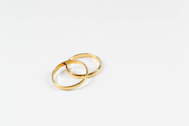 Gold wedding rings on a white background with copy space