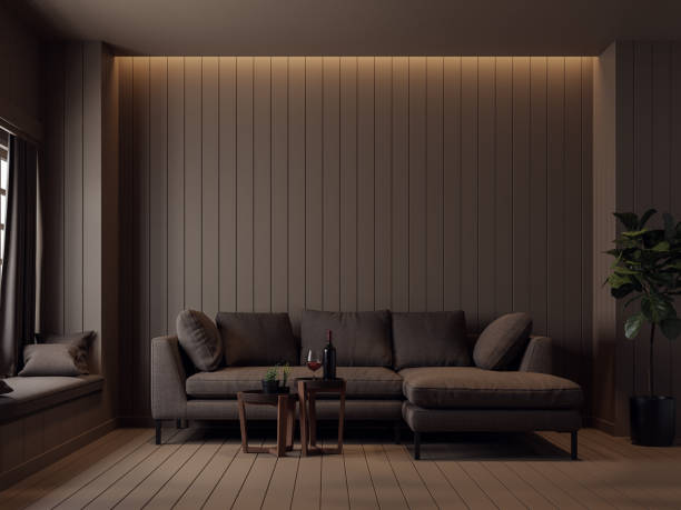 istock Dark brown plank living room 3d render 1371749112