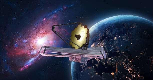 jwst in outer space. james webb telescope far galaxy explore. sci-fi space collage. astronomy science. elemets of this image furnished by nasa - exploration sky deep blue imagens e fotografias de stock