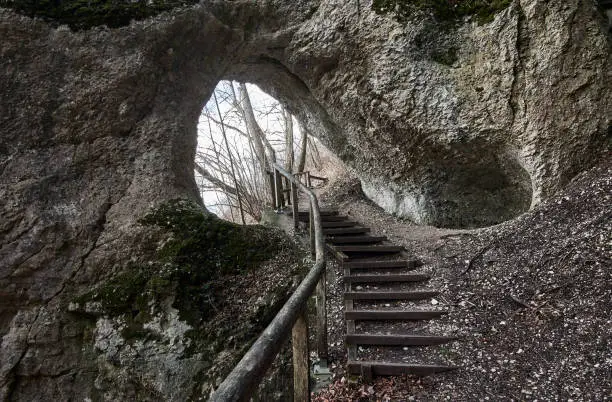 Photo of Stairway through rock tunnel at Klosterfelsenweg near Inzigkofen Princely Park, Upper Danube Nature Park, Baden-Wuerttemberg, Germany