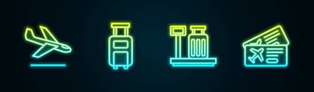 istock Set line Plane landing, Suitcase, Scale with suitcase and Airline ticket. Glowing neon icon. Vector 1371756523