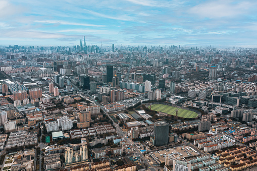 Aerial view of the city skyline of Shanghai, China，Jiangwan Stadium in Shanghai Wujiaochang area