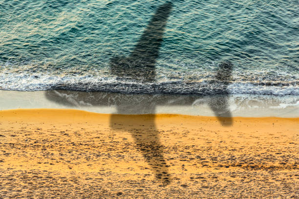 Shadow of an airplane on a waterline beach