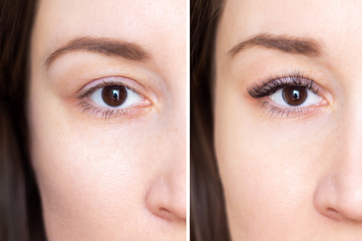 Cropped shot of a brown-eyed young brunette woman before and after eyelash extensions. The result of lengthening and increasing the volume of natural eyelashes with artificial eyelashes