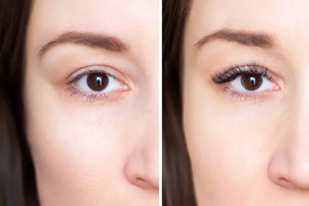 Cropped shot of a brown-eyed young brunette woman before and after eyelash extensions. The result of lengthening and increasing the volume of natural eyelashes with artificial eyelashes