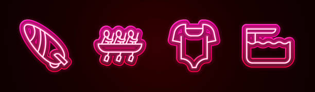 istock Set line Surfboard, Canoe rowing team sports, Swimsuit and Diving springboard. Glowing neon icon. Vector 1371758217