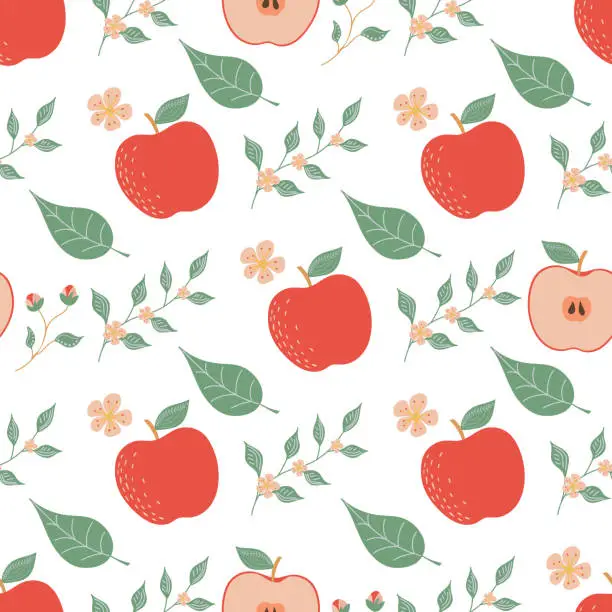 Vector illustration of Seamless pattern with apple, floral elements, flowers and leaves. Fruit pattern.