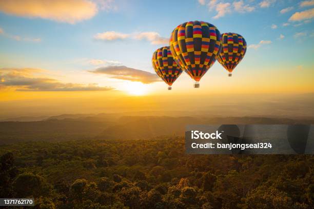 Balloon And Mountainhot Air Balloons With Landscape Mountaincolorful Hot Air Balloon Hot Air Balloons Flying At Sunset Cappadocia Turkey Stock Photo - Download Image Now